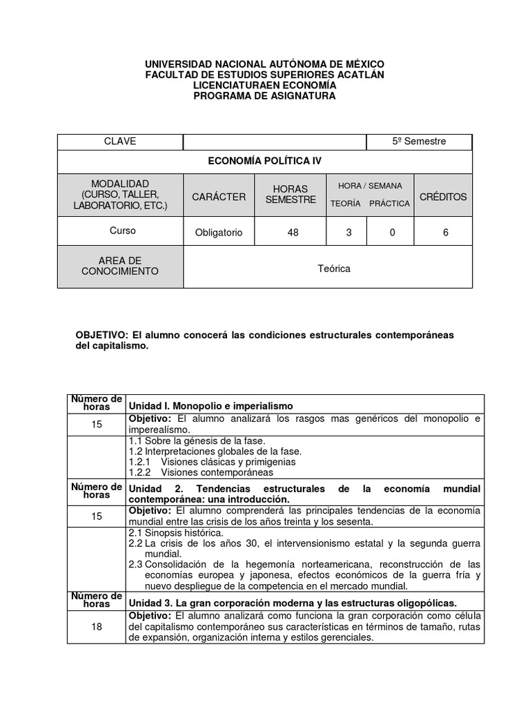 Temario Oficial de Economía Política IV | PDF | Capitalismo | Imperialismo