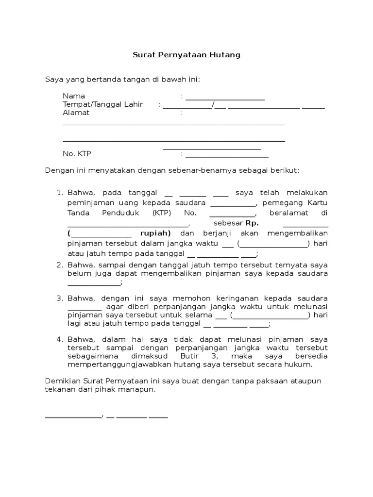Contoh Surat Pernyataan Hutang