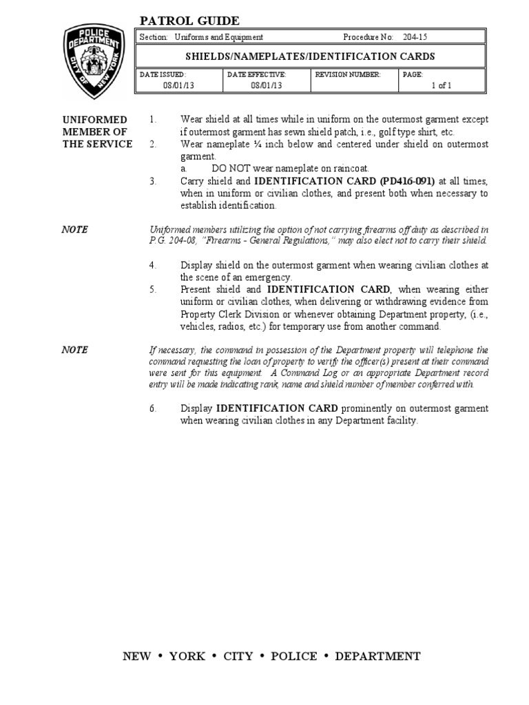 NYPD Patrol Guide ID Card PDF