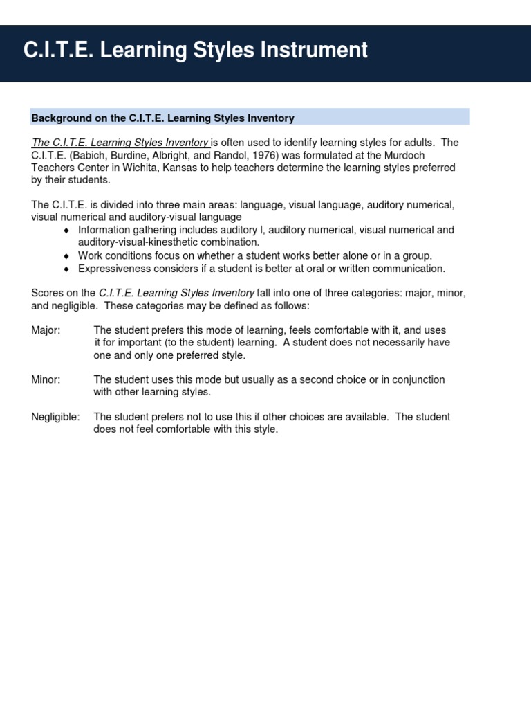 C.I.T.E. Learning Styles Overview | PDF | Learning Styles | Understanding