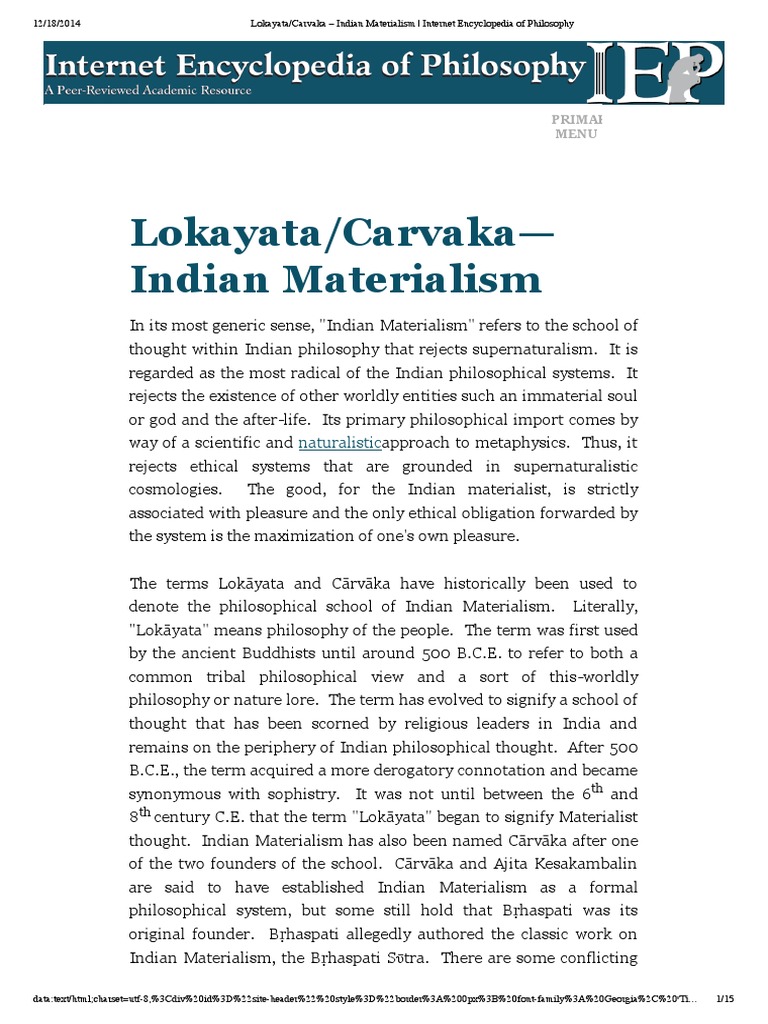 Lokayata Carvaka Indian Materialism Encyclopedia of