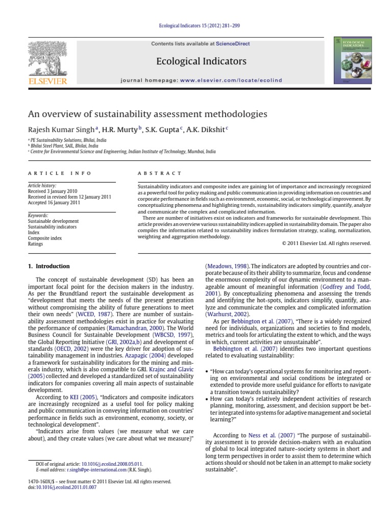 An Overview of Sustainability Assessment Methodologies | PDF