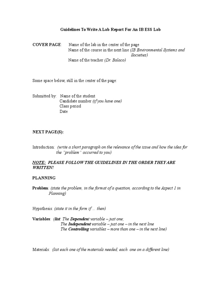 Guidelines To Write A Lab Report For A IB ESS Lab PDF