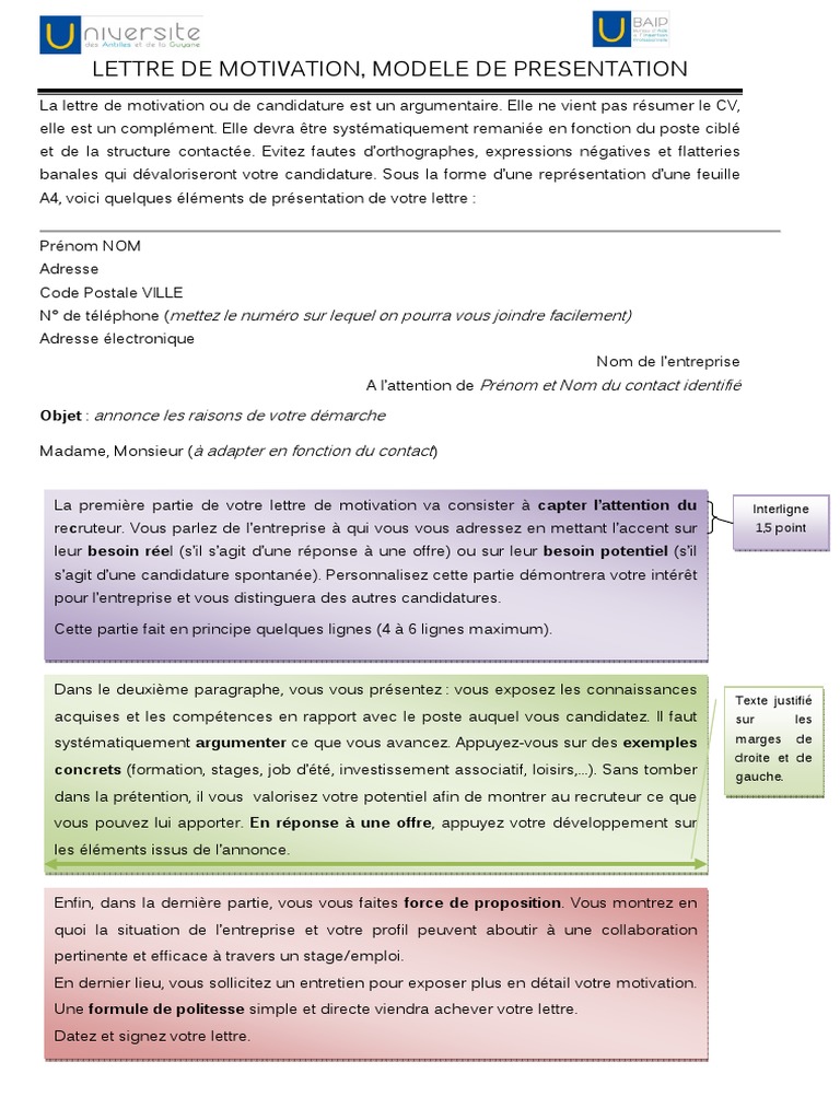 Lettre de Motivation Modele de Presentation  Recherche d'emploi