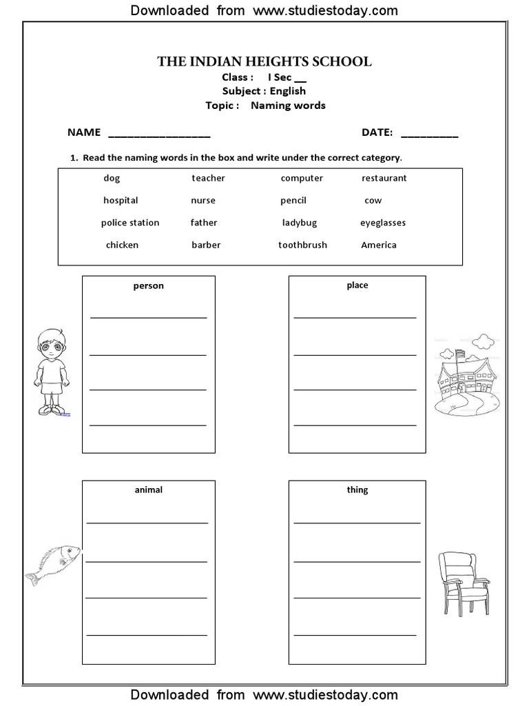 cbse class 1 english worksheets 34 naming words pdf