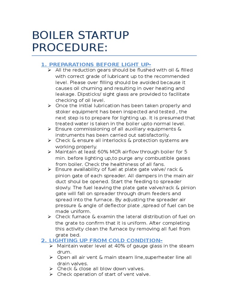 Boiler Startup Procedure Boiler Furnace