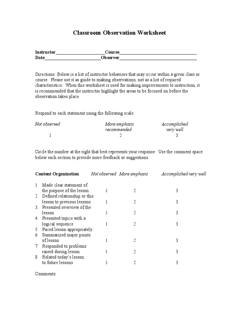 worksheet Observation Worksheet classroom observation worksheet nonverbal communication
