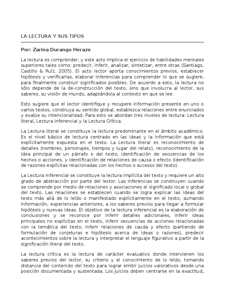 La Lectura y Sus Tipos | PDF | Inferencia | Lectura (proceso)
