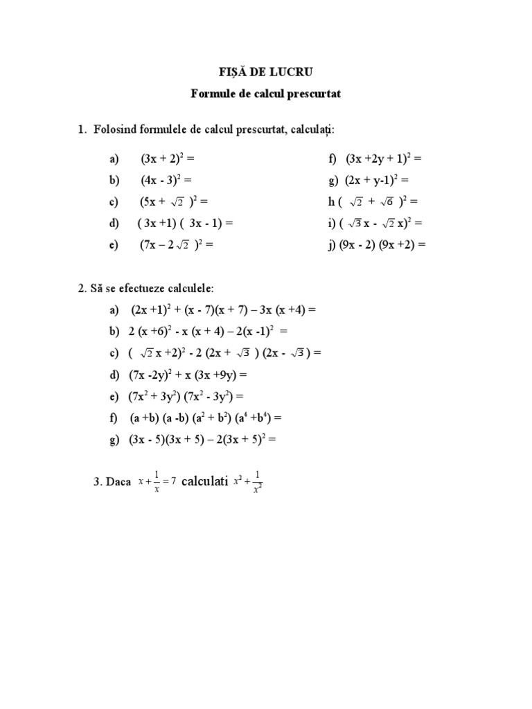 Fisa Formule De Calcul Prescurtat