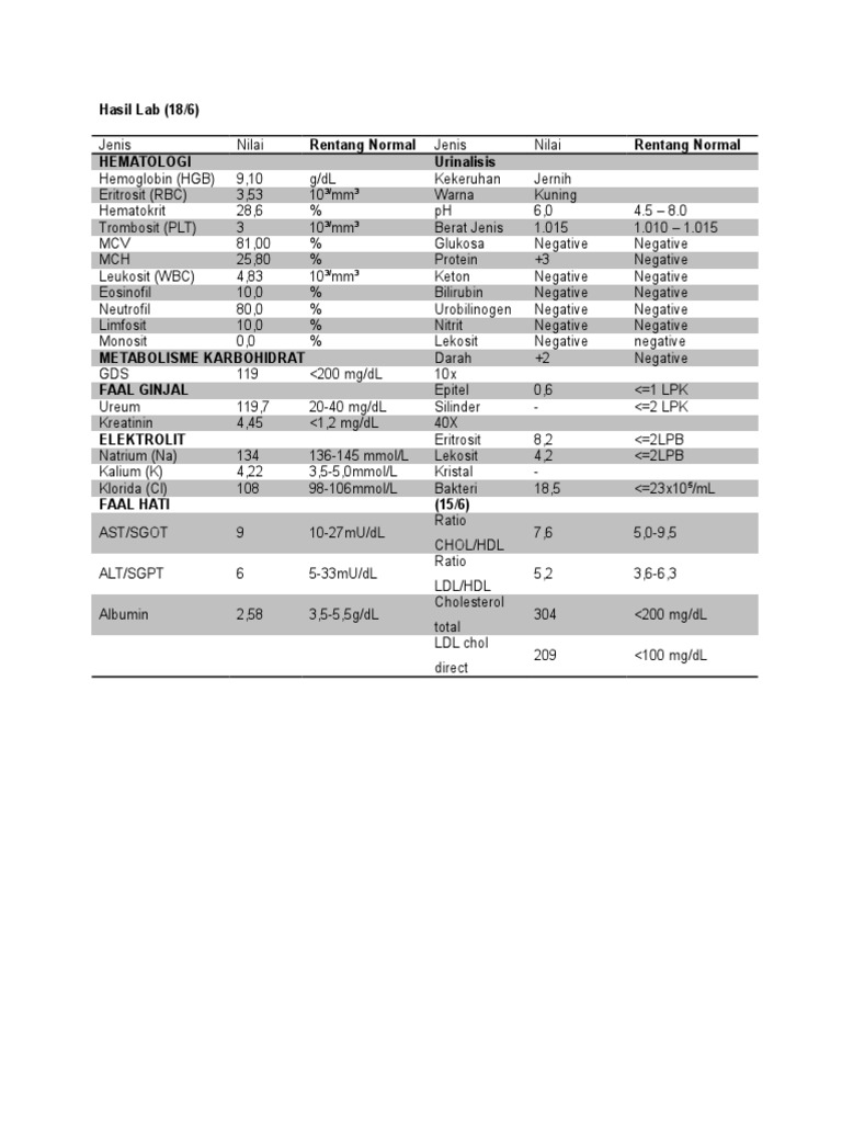 Hasil Lab (18/6) Rentang Normal Rentang Normal Hematologi Urinalisis | PDF