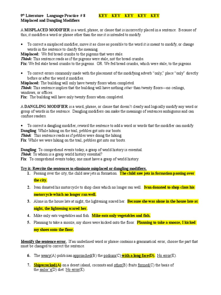Misplaced and Dangling Modifiers Guide | PDF | Sentence (Linguistics ...