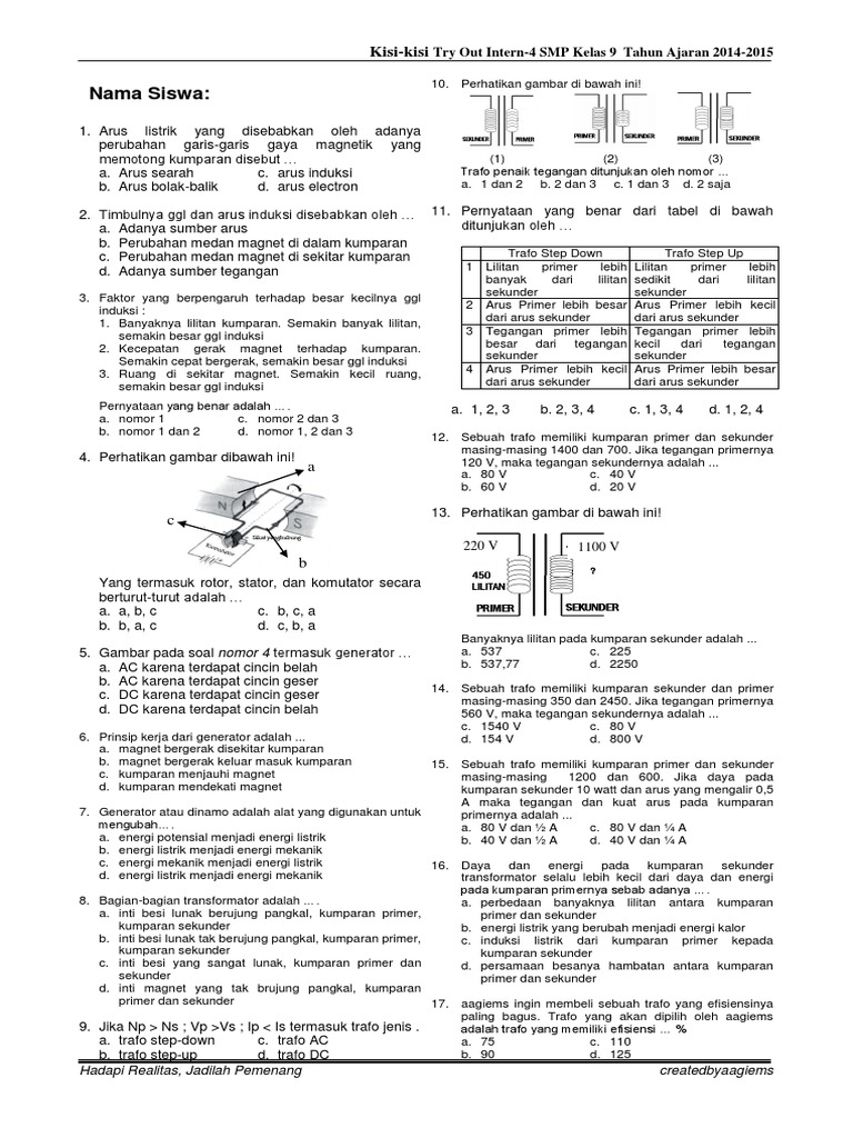 Soal Latihan Induksi ELektromagnetik SMP