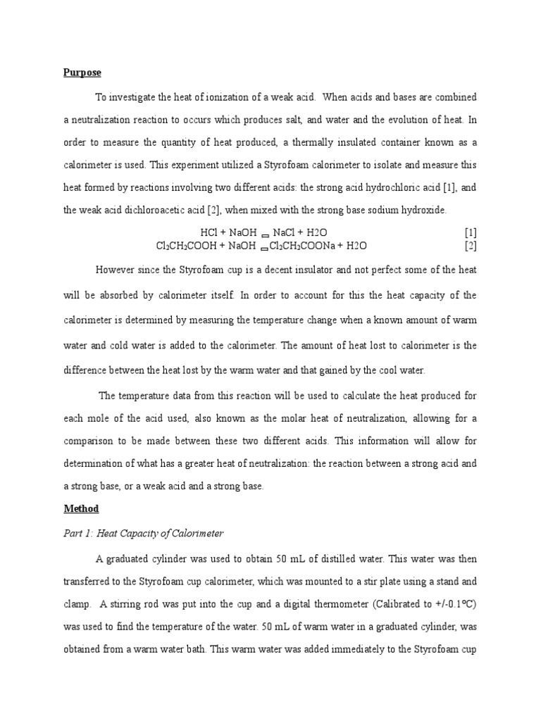 Heat of Neutralization Lab Report PDF Sodium Hydroxide Mole (Unit)