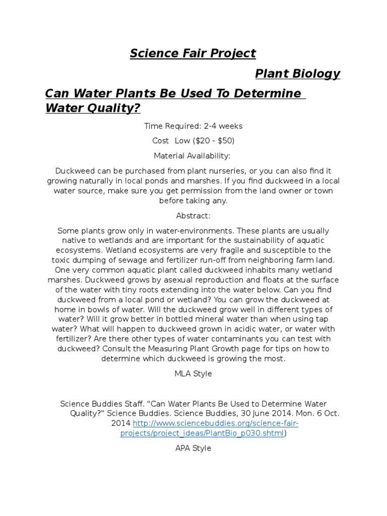 Science Fair Project Plant Biology Can Water Plants Be Used To 