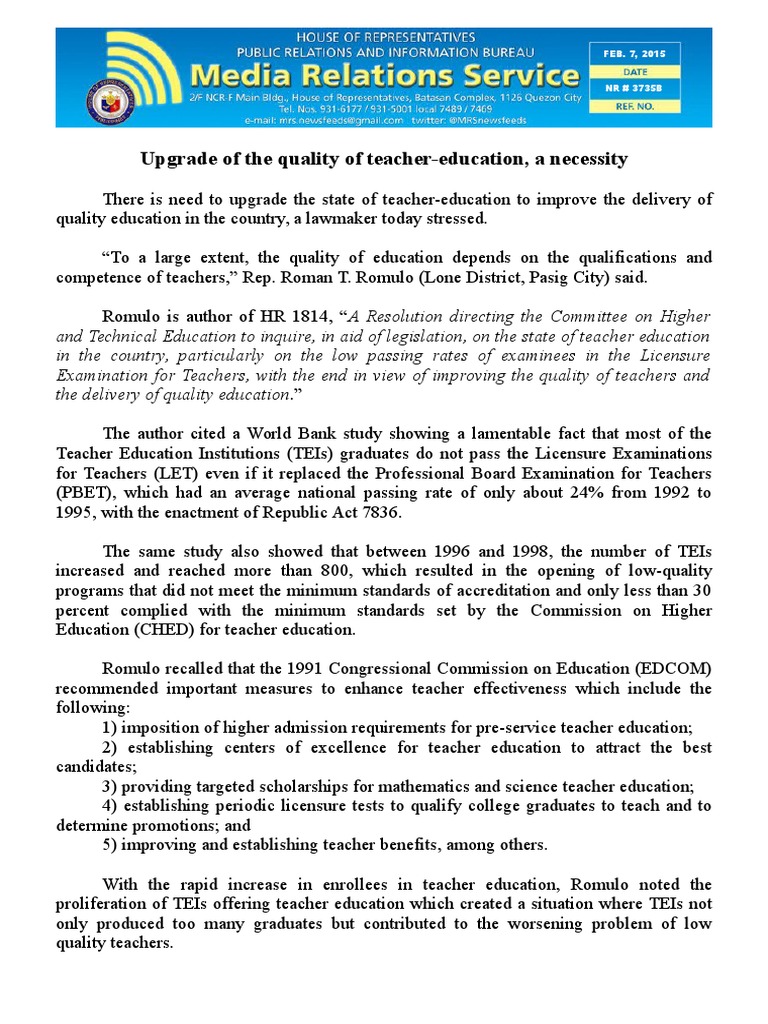 Enhancing Teacher Education Quality | PDF | Teacher Education | Test ...