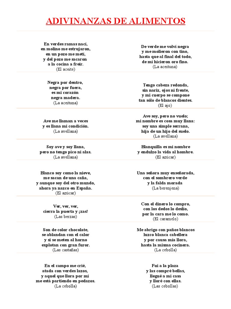 Adivinanzas de Alimentos Saludables | PDF | Huevo como alimento | Alimentos