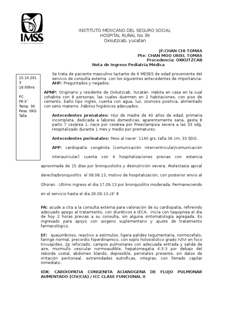 Nota de Ingreso Pediatría Médica.doc | Rtt | Medicina CLINICA