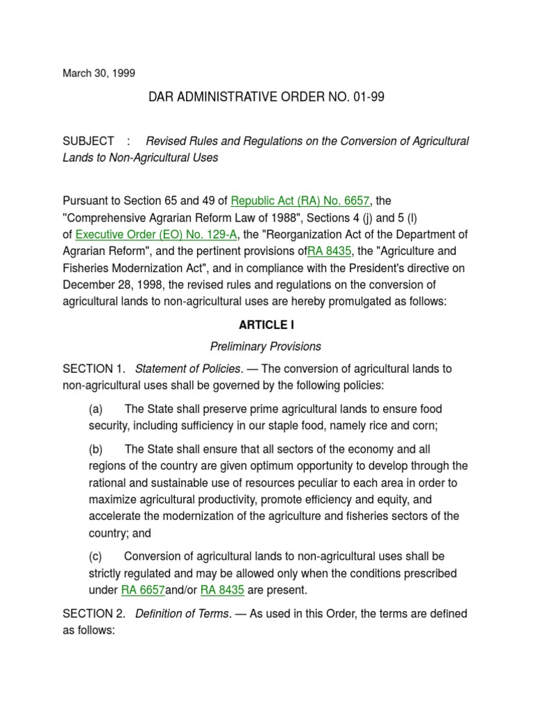 Dar Administrative Order No. 01-99: Lands To Non-Agricultural Uses ...