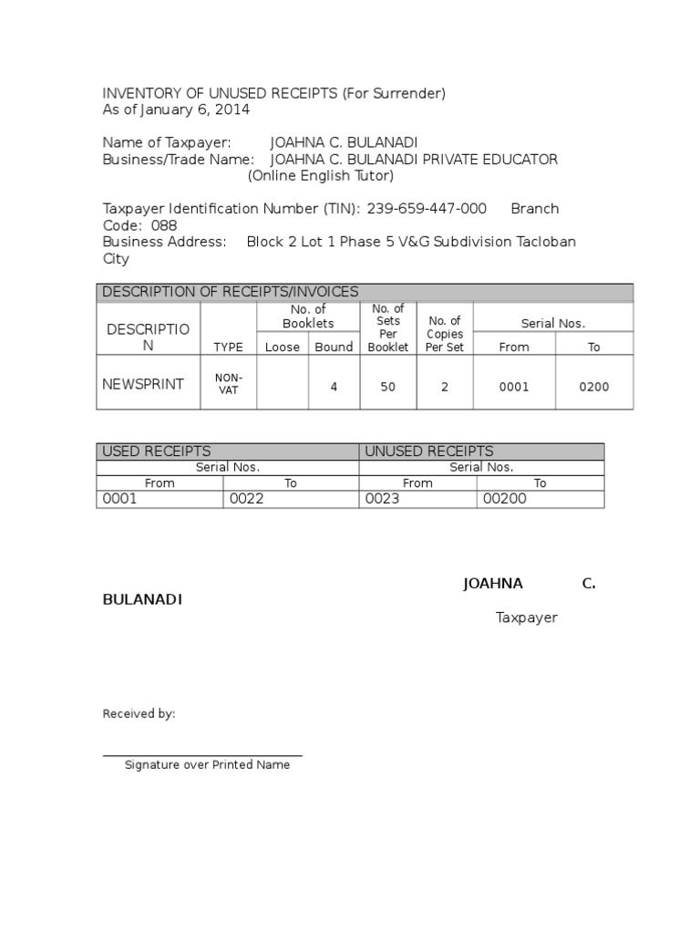 Inventory of Unused Receipts PDF