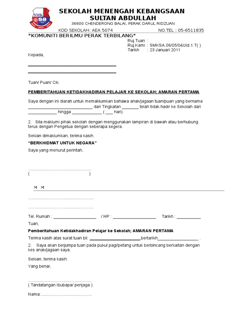 Surat Amaran Tidak Hadir Ke Sekolah Pdf