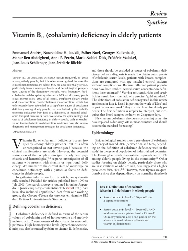 Vitamin B12 (Cobalamin) Deficiency in Elderly Patients PDF Vitamin