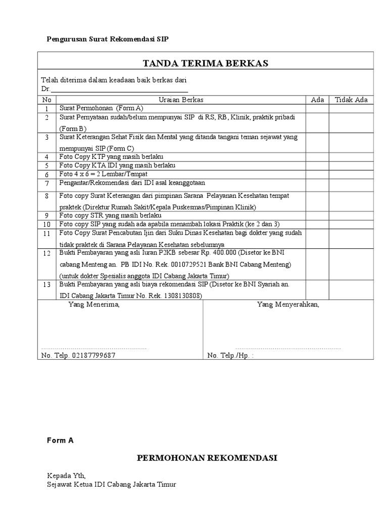 Tanda Terima Berkas Pengurusan Surat Rekomendasi SIP Tanda Terima Berkas Pengurusan Surat Rekomendasi SIP
