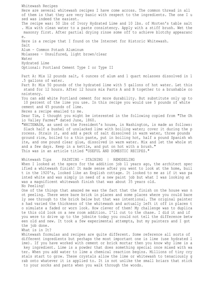 Whitewash Recipe PDF Lime (Material) Cement