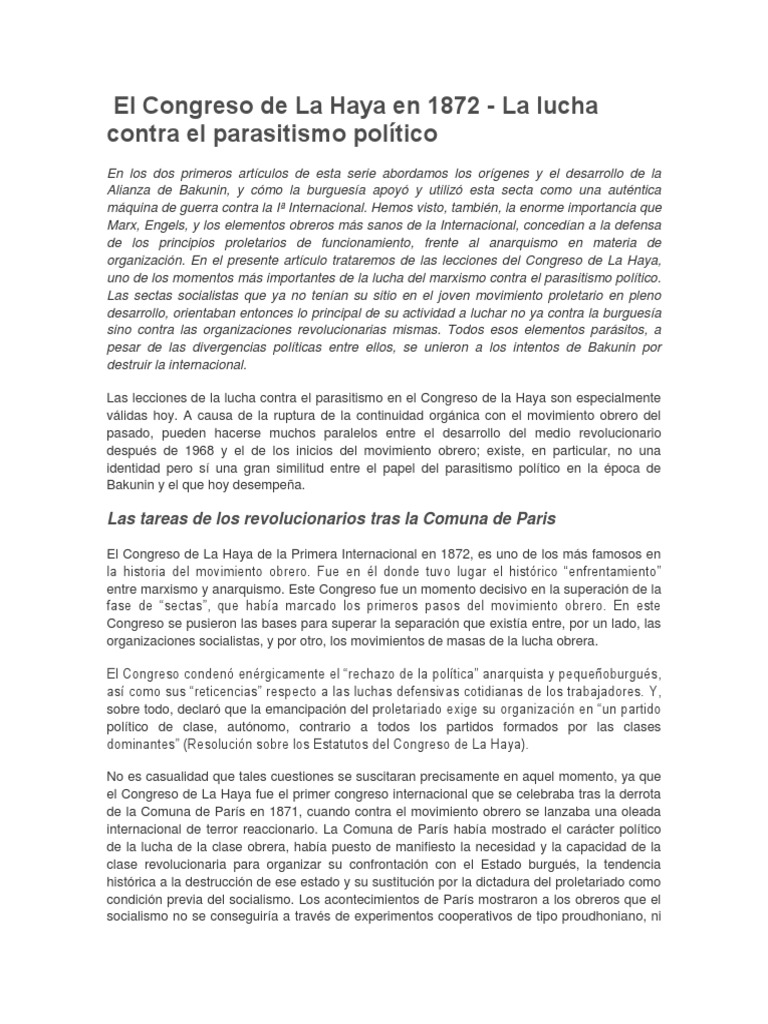 El Congreso de La Haya de 1872 y la lucha contra el parasitismo