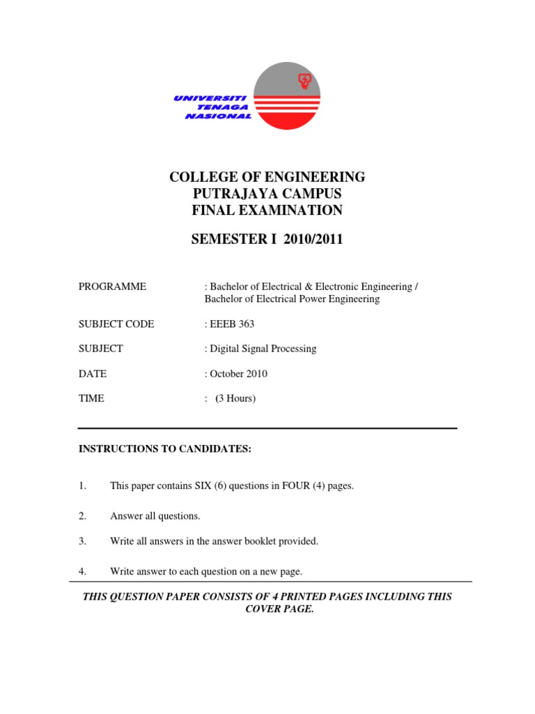 Final Sem1 2010 2011 | PDF | Filter (Signal Processing) | Electrical ...