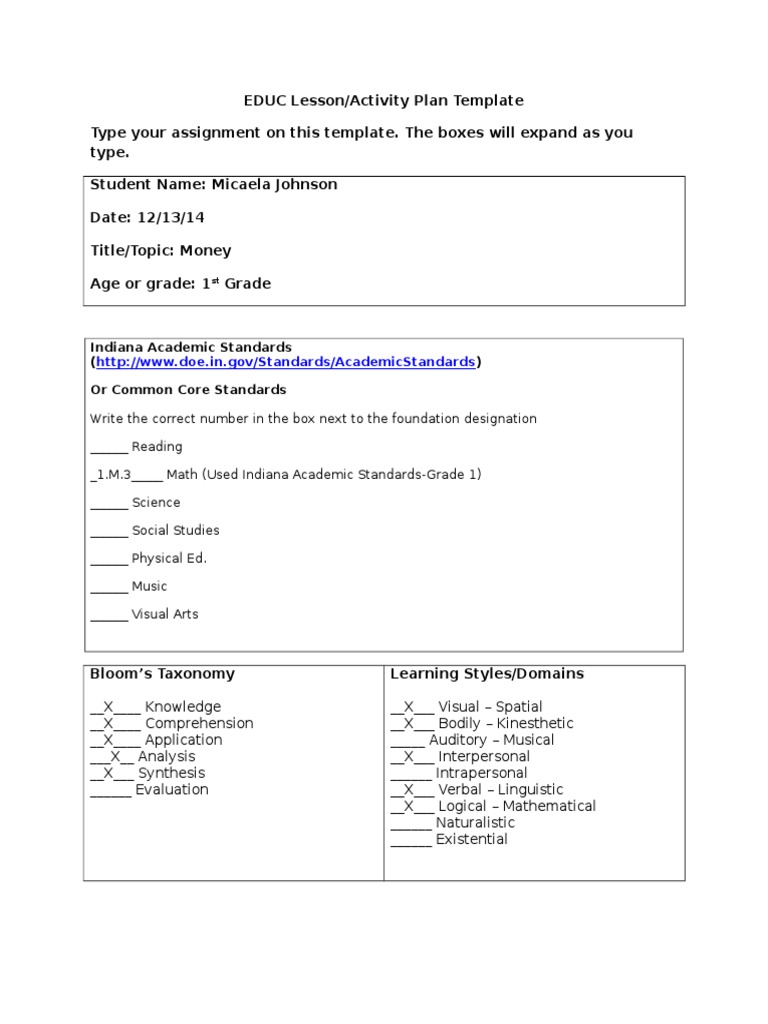 Money Lesson Plan For First Grade | PDF | Lesson Plan | Applied Psychology