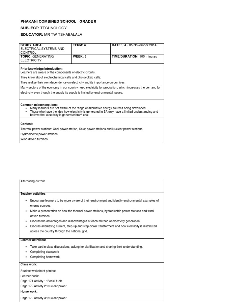CAPS Technology Lesson Plan Power Station Electricity Generation