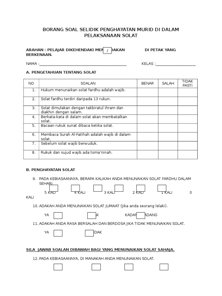 Borang Soal Selidik Penghayatan Murid Di Dalam Pelaksanaan Solat Pdf