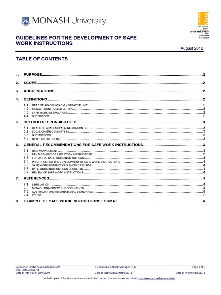 Safe Work Instructions Occupational Safety And Health Safety
