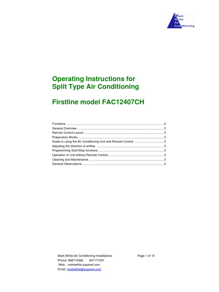 Firstline FAC12407CH Remote Control Guide | PDF | Air Conditioning ...