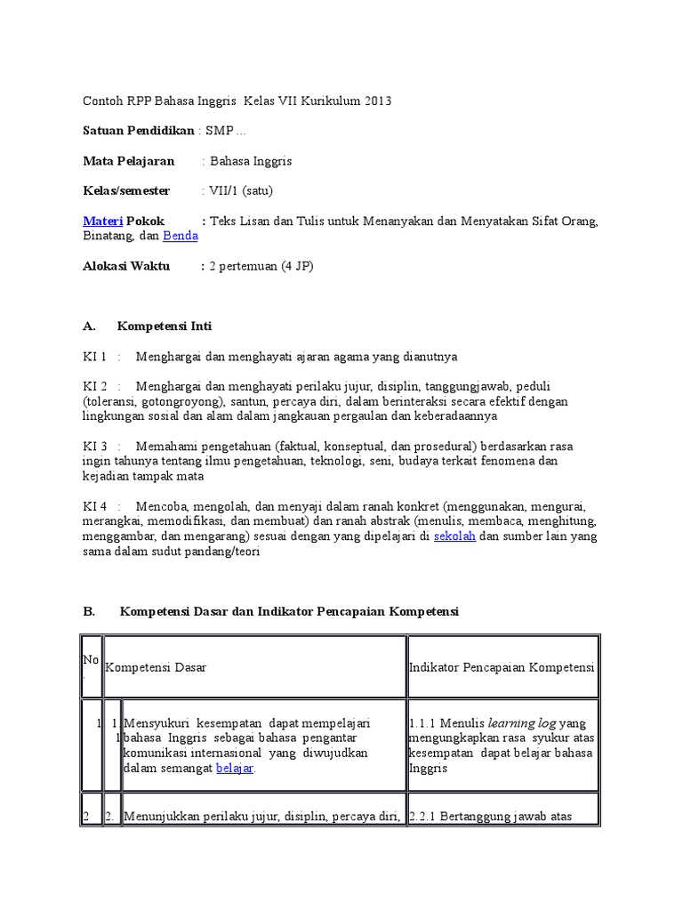 RPP Bahasa Inggris Kelas VII Kurikulum 2013 | PDF