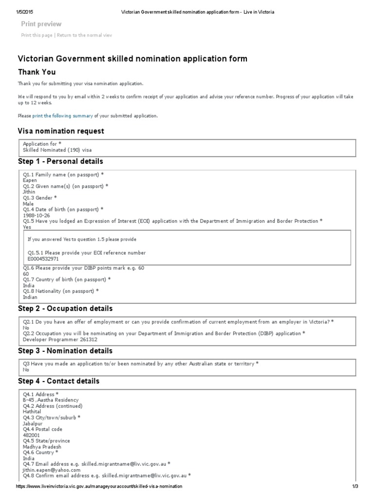 Victorian Government Skilled Nomination Application Form Live in