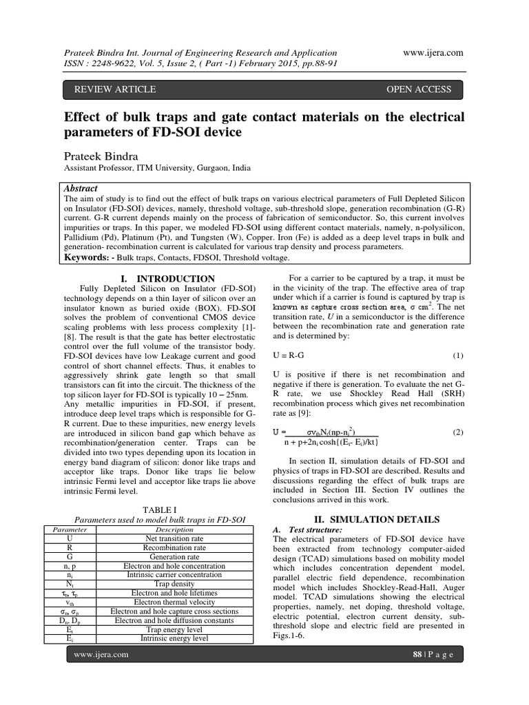 Effect Of Bulk Traps And Gate Contact Materials On The Electrical Parameters Of Fd Soi Device Field Effect Transistor Semiconductors scribd