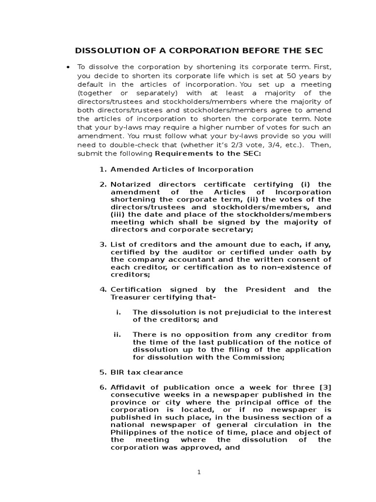 Dissolution of A Corporation Corporations U.S. Securities And