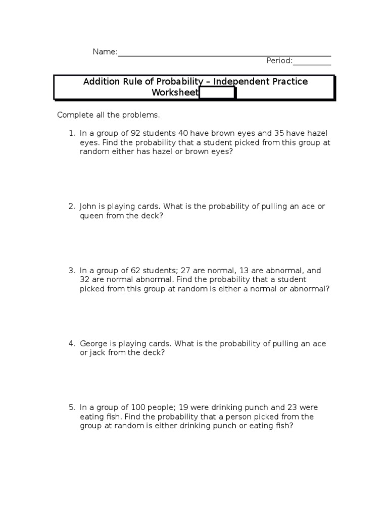 Addition Rule of Probability - Independent Practice: Worksheet | PDF ...