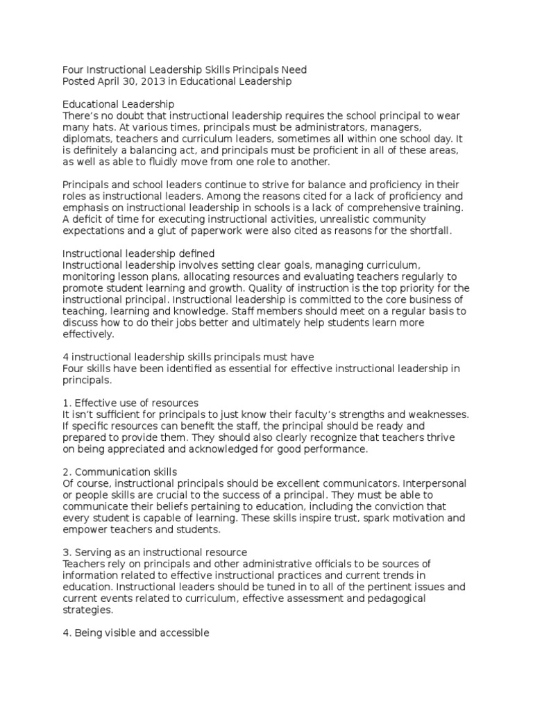 Essential Skills for Instructional Leaders | PDF | Leadership | Teachers