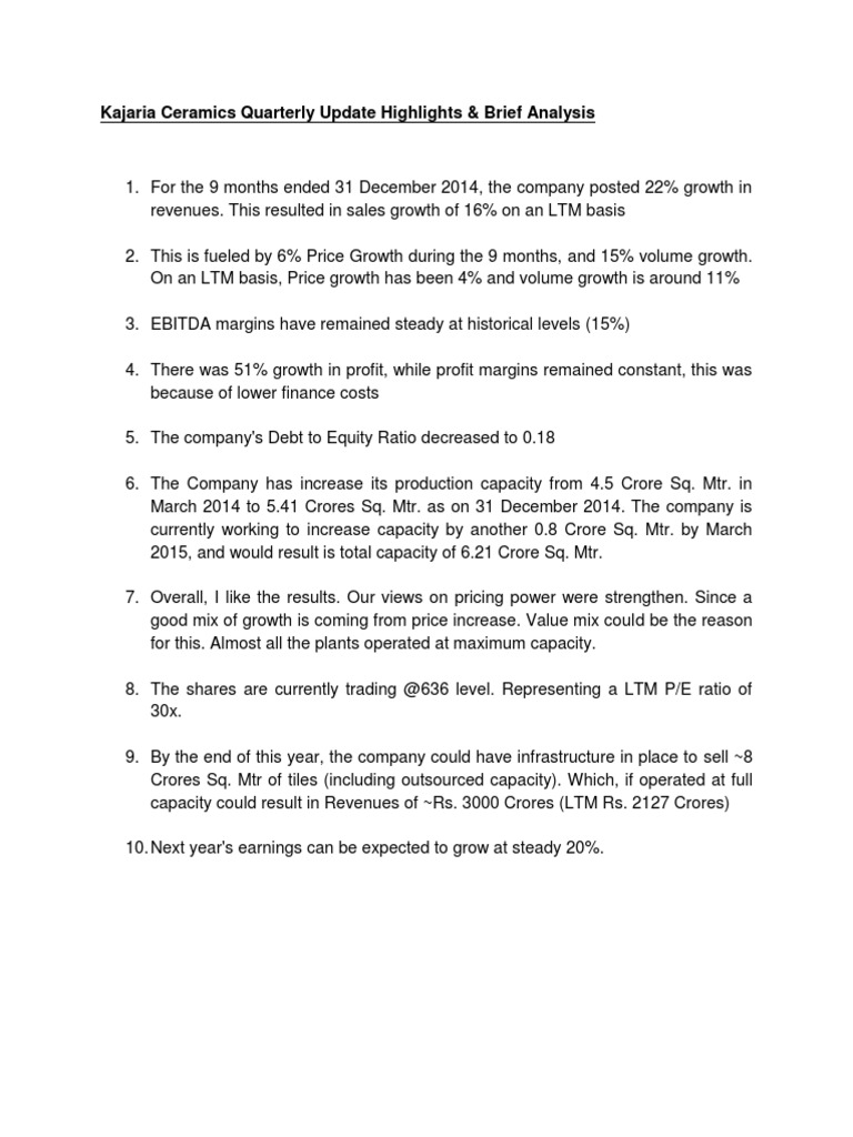 Kajaria Ceramics Q3 FY15 Update | PDF | Career & Growth | Business
