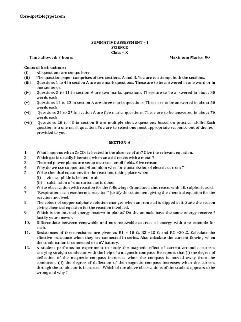 10 Sa1 Science Sample Paper1 | PDF | Series And Parallel Circuits | Mercury  (Element)
