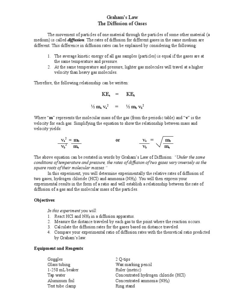 Grahams Law of Diffusion Lab PDF Diffusion Gases