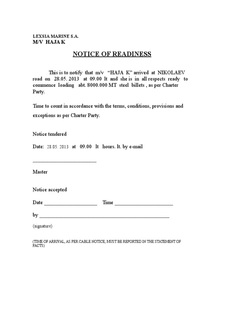 Notice of Readiness for M/V Haja K | PDF | Business | Finance & Money ...