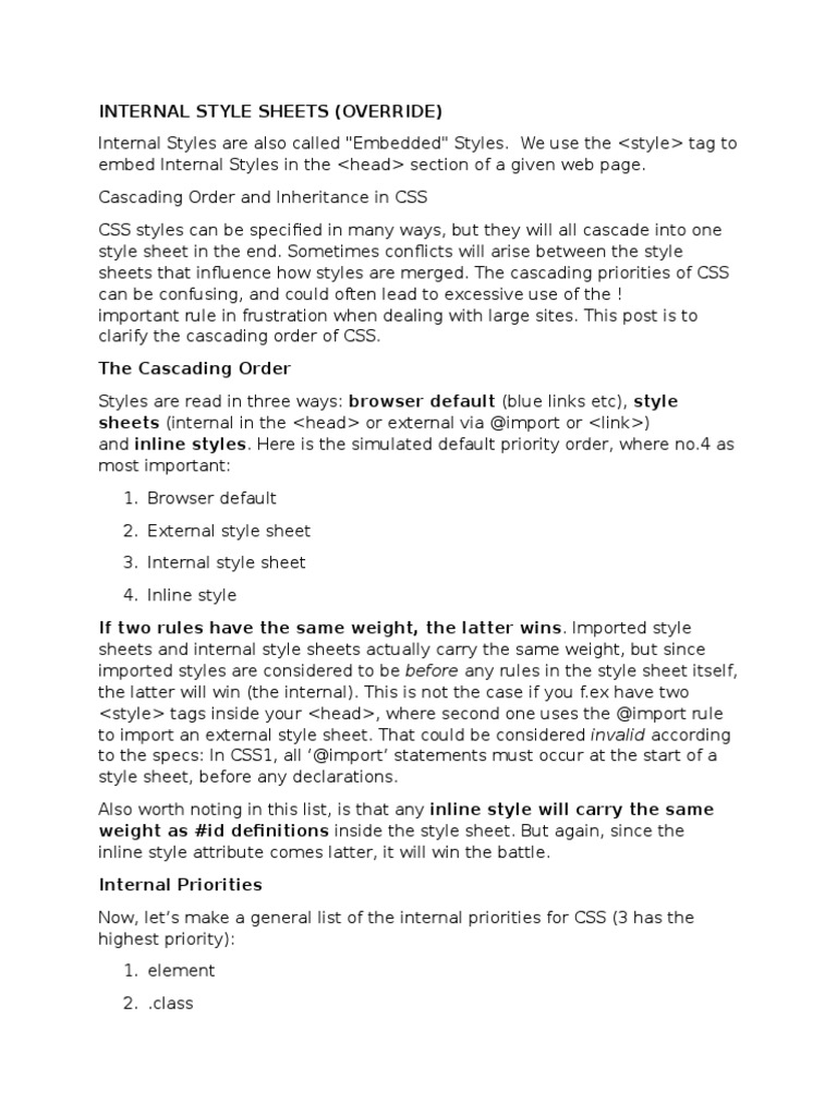 Internal Style Sheets Cascading Style Sheets World Wide 