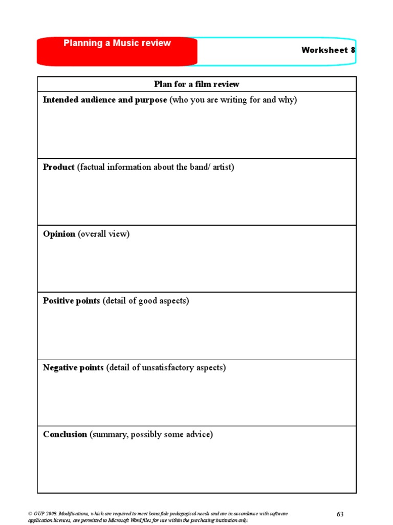 Planning A Music Review: Worksheet 8 | PDF
