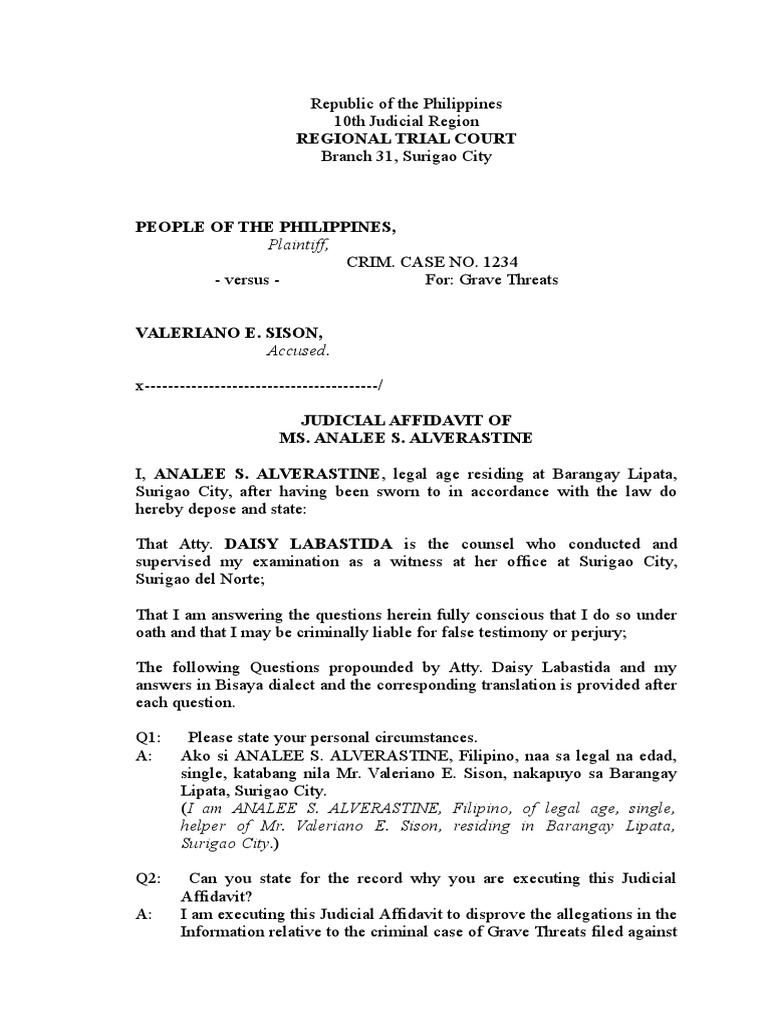 Witness Affidavit Grave Threats Case PDF Affidavit Perjury