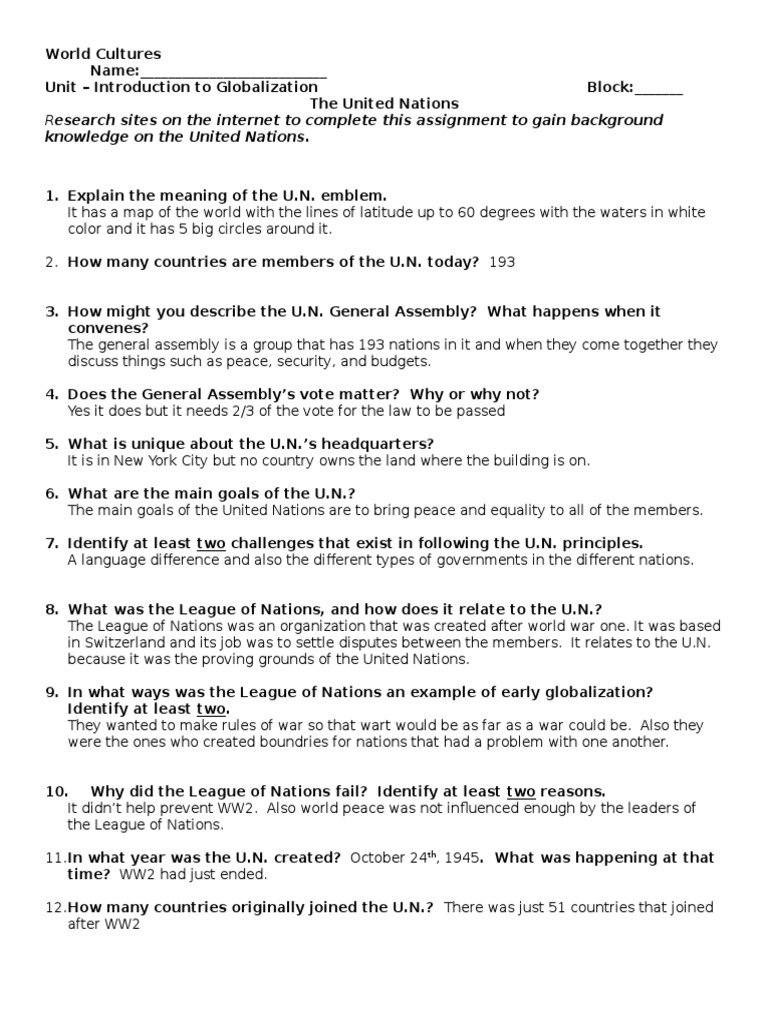 united nations worksheet | United Nations | International Politics
