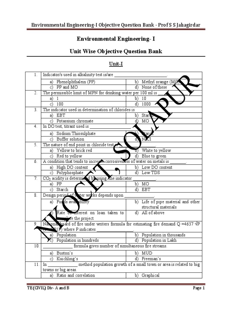 Environmental EngineeringObjective Questions PDF Water