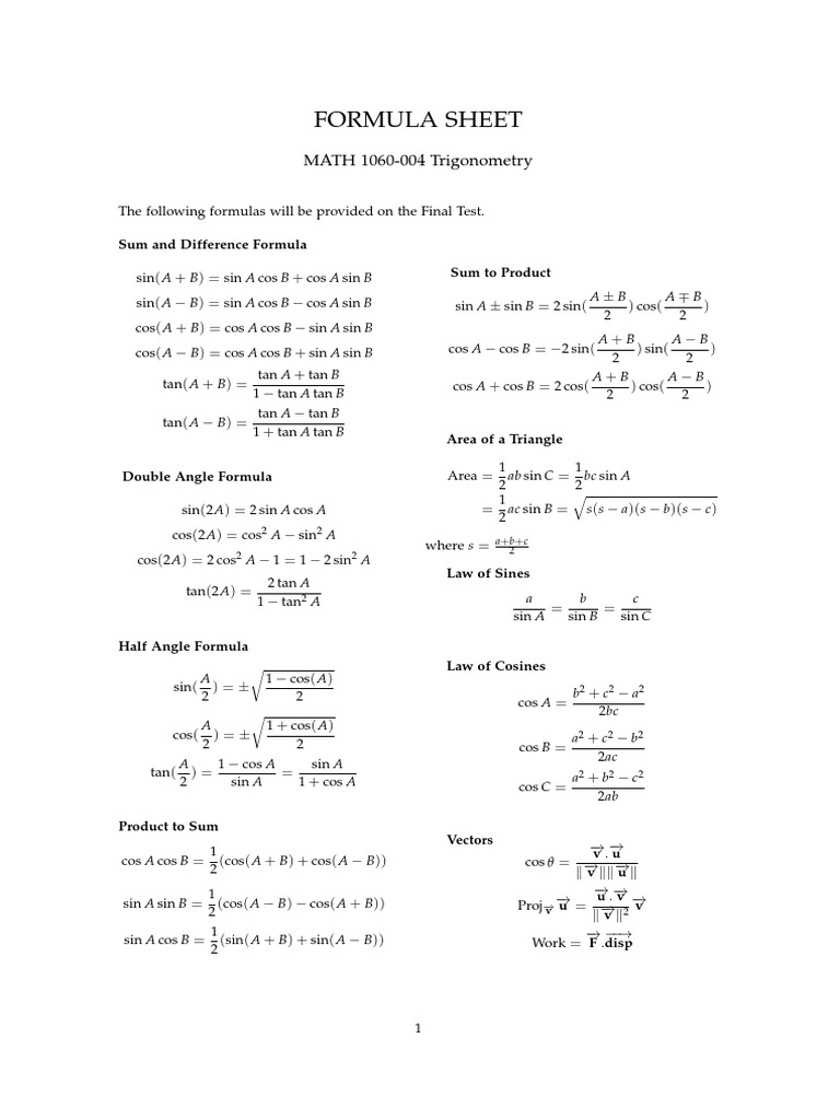 Formula Sheet: MATH 1060-004 Trigonometry | PDF